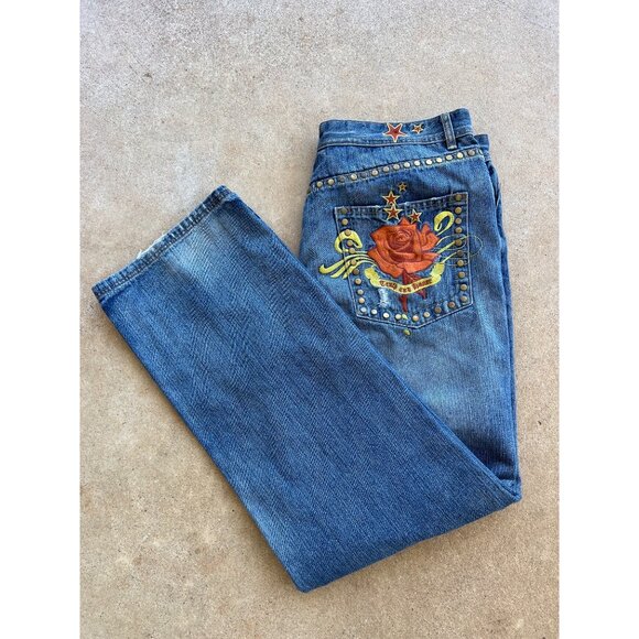 Vintage Sean John Embroidered Baggy Y2K Rose Design & Studded Back Pocket Size 3 - Picture 1 of 8